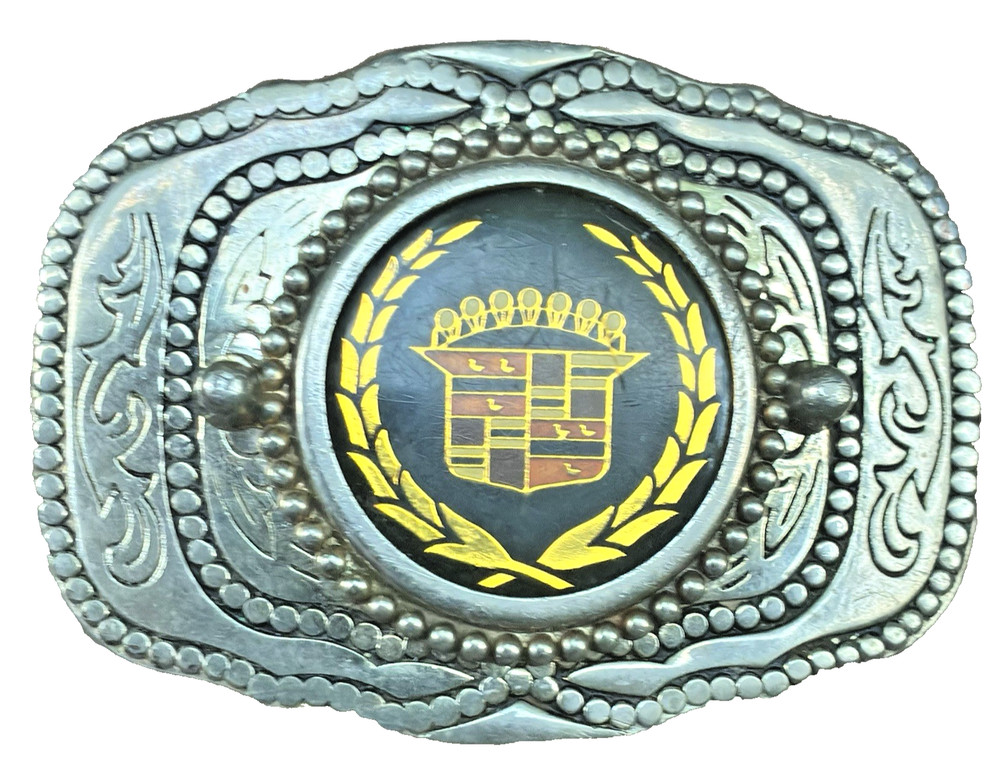 Vtg 1970s Western-Style Cadillac Crown Logo Automotive Belt Buckle Enamel Inlay