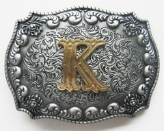 3-D INITIAL LETTER  » K  » RODEO COWBOY SILVER GOLD WESTERN BELT BUCKLE