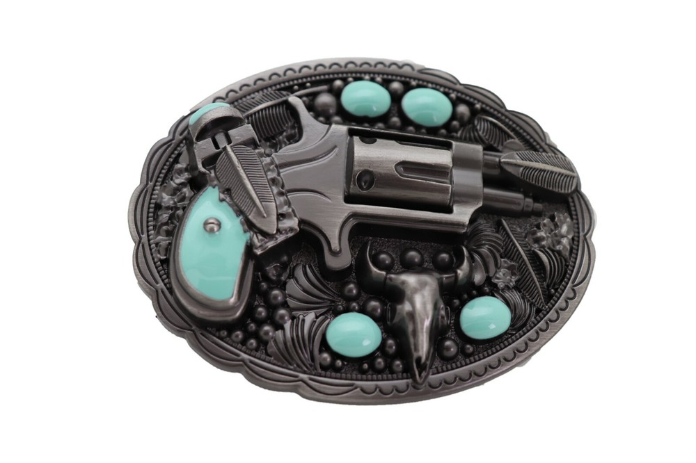 Men Western Belt Buckle Silver Metal Revolver Pistol Gun Feather Bull Turquoise