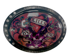 Ed Hardy Love Kills Slowly Signature Tattoo Skull with Rhinestones Belt Buckle