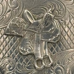 Vintage Western Horse Saddle Belt Buckle Solid Brass Silver Tone Engraved Floral
