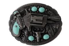 Men Western Belt Buckle Silver Metal Pistol Gun Feather Bull Turquoise Cowboys