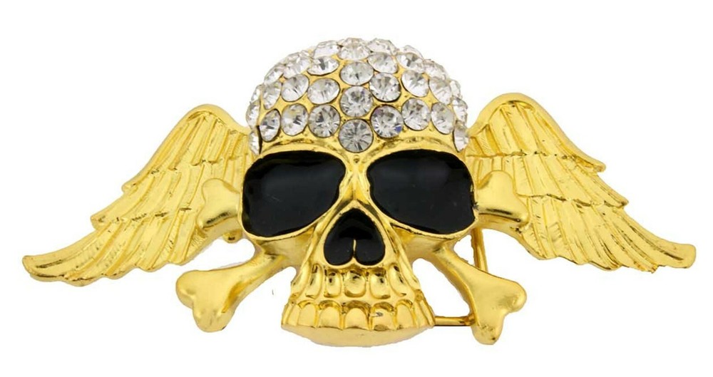 Skull Crossbones Out Blinged Iced Belt Buckle Men Women Cow Halloween Gold Metal