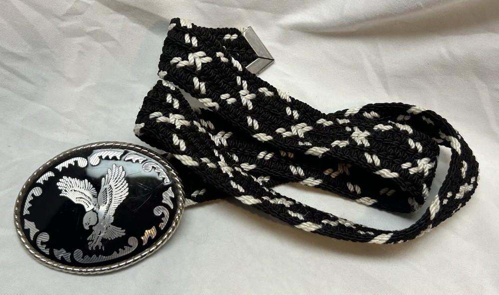 VTG Eagle Belt Buckle & Braided Belt Black & Silver Tone USA Patriotic Cowboy