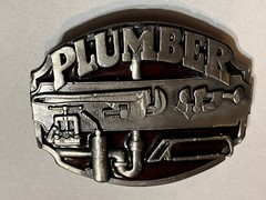 NICE PLUMBER BELT BUCKLE SOLID PEWTER WITH RED 1987 MADE IN USA SISKIYOU CO