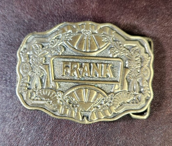 1970s Oden Inc. Brass/Bronze « Frank » Belt Buckle, Personalized Name, EUC