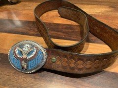 VTG INDIAN CHIEF W/BIRD MASK Eagle Belt Buckle AND LEATHER BELT 38&Prime;NICE!!!USA