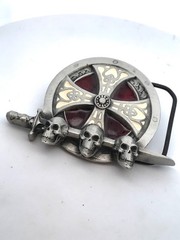 1995 Tanside Ltd Silver Tone Enamel Skull Dagger Maltese Cross Biker Belt Buckle