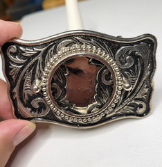 Vtg Silver Dollar Coin Gem Stone Holder Bezel Belt Buckle Black Inlay nos estate