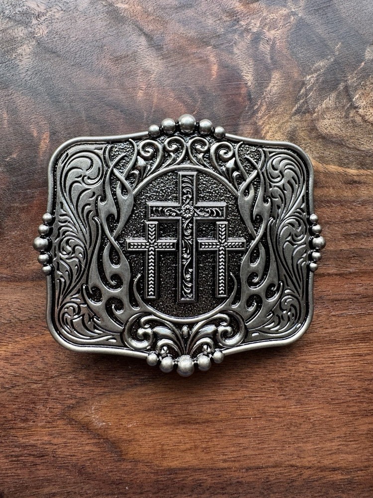 Three Crosses Silver Belt Buckle Vintage Floral Patterns Perfect Gift
