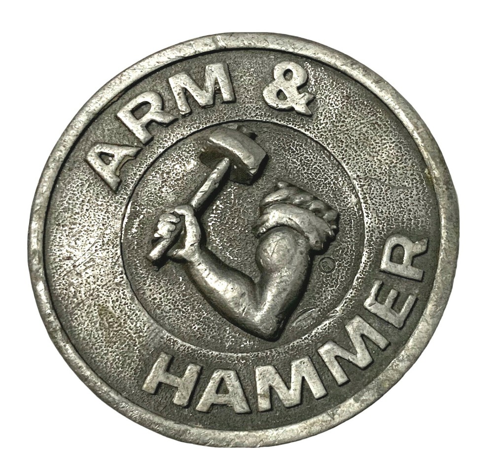 Vintage RJ Roberts Arm & Hammer Pewter Belt Buckle Product Advertising Made USA