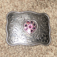 Silver Tone Western Floral Engraved Heart Pink Rhinestone Clip Buckle 1.5&Prime;