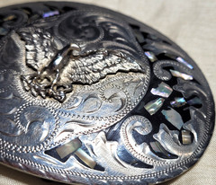 Vintage Alpaca Mexico Eagle Abalone Shell Mother Pearl Inlay Belt Buckle