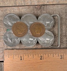 Vintage Indian Head Penny & Buffalo Nickel Belt Buckle Signed JP