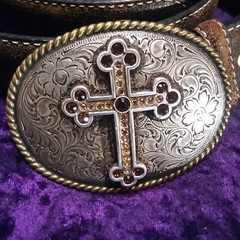 OVAL NOCONA RELIGIOUS CROSS CRYSTALS BELT & ETCHED BUCKLE 39&Prime; NICE!