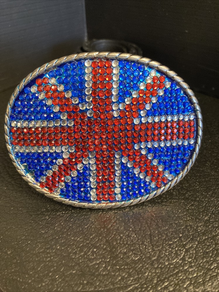 17) Union Jack British Flag Metal Belt Buckle Oval w/ Inset Stones & 36” Belt