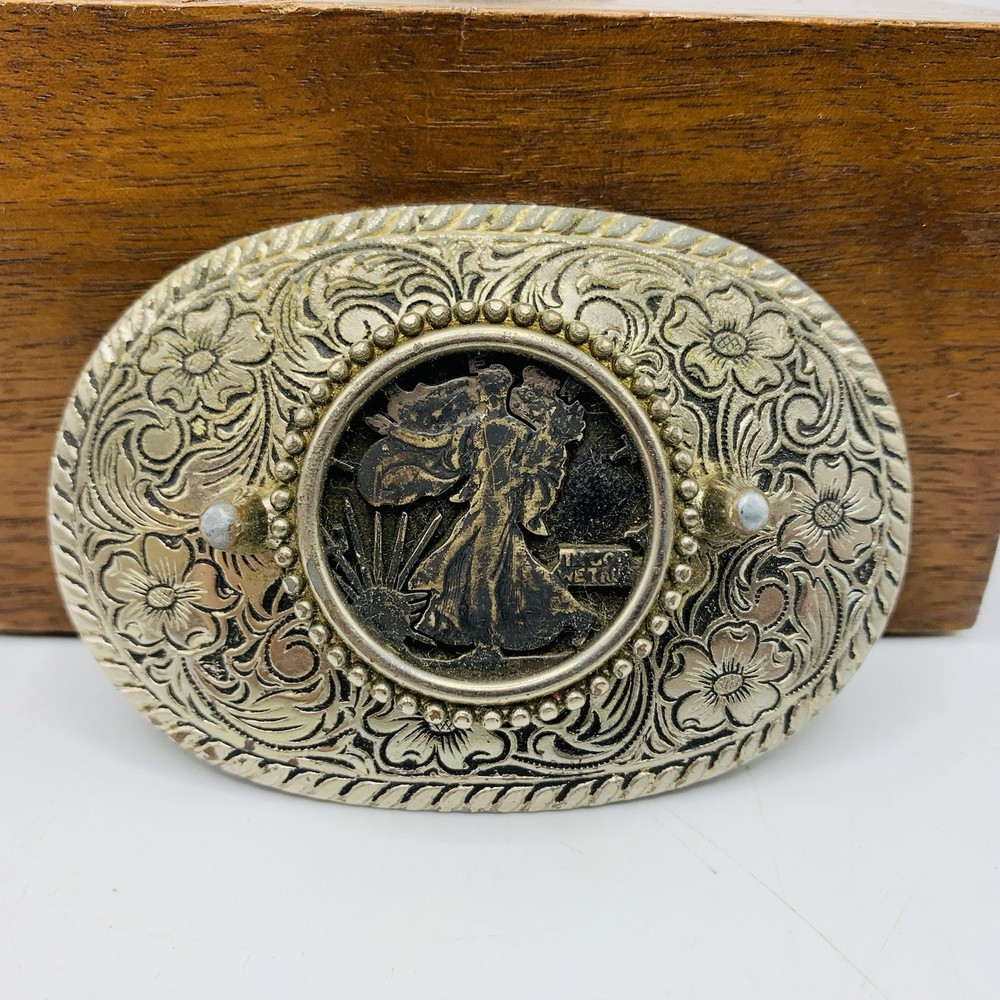 Walking Liberty Half Dollar Pewter Belt Buckle 1970s Vintage