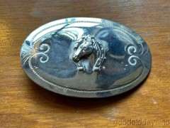Vintage Chrome Silver Horse with Horseshoe Belt Buckle