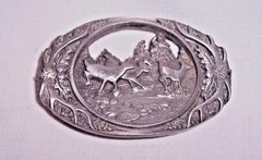 MEN&rsquo;S HEAVY PEWTER 1990 C + J INC DEER SCENE AND ANTLER BELT BUCKLE MADE IN USA