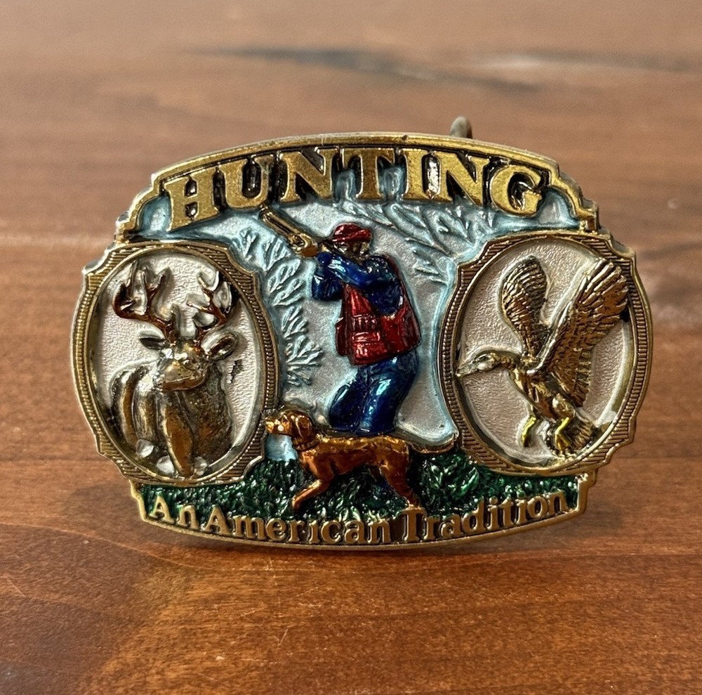VTG HUNTING belt buckle SPORTSMAN deer duck WESTERN cowboy Made In USA