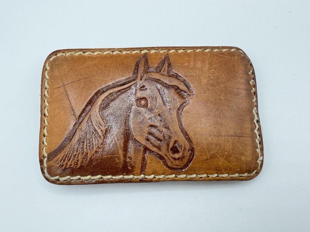 Vintage TOOLED Belt Buckle HORSE Brown Leather WESTERN Cowboy EQUESTRIAN Rodeo