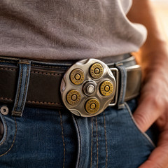 Bullet Belt Buckle Mens Spinning Revolver Cylinder Western Cowboy Gun Silver
