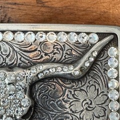 Western Longhorn Skull Belt Buckle Silver Engraved Floral Rhinestone Accents