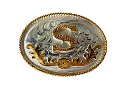 Western Initial Belt Buckle 3.5 x 2 5/8 in Oval S Silver Engraved Gold 1.75
