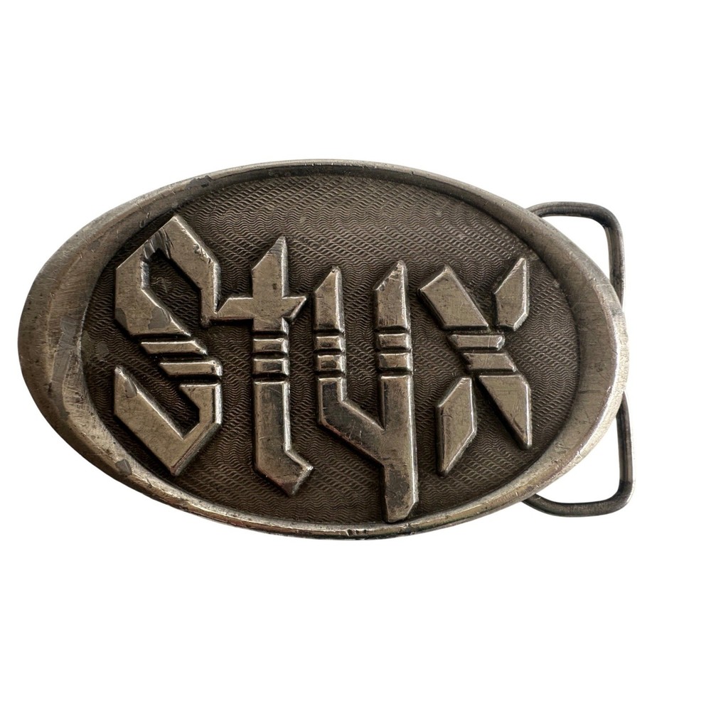 Vintage Styx Band Belt Buckle A&M Records & Tapes Silver Tone Oval Metal Logo
