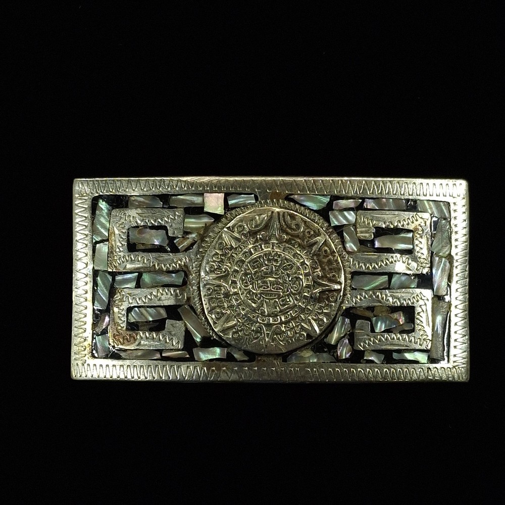 Mexican Alpaca Silver Abalone Shell Inlay Aztec Calendar Belt Buckle Western