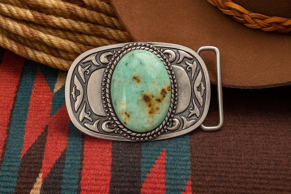 Turquoise Stone Belt Buckle Western Silver Engraved Cowboy Rodeo Design