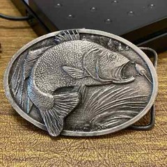 Vintage 1977 3D top water jumping Bass Pewter Gray Bergamot X-144 Belt Buckle