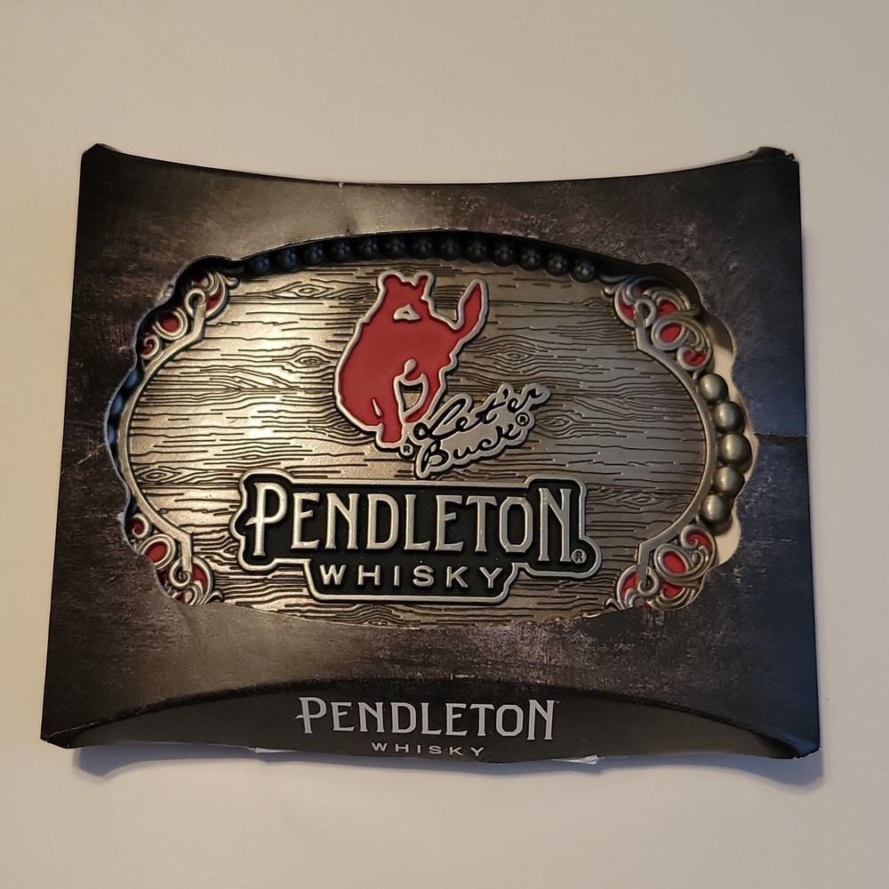 Pendleton Whisky Let&rsquo;er Buck Western Cowboy Rodeo Belt Buckle Logo Silver