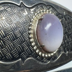 Vintage Western Style Oval Stone Belt Buckle Silver Tone Woven Pattern