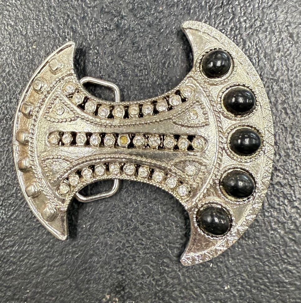 Silver-Toned Crescent Moon Shield Belt Buckle with Stones