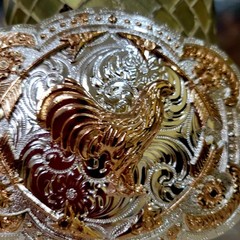 Rooster Western Belt Buckle Rose Tone And Silver Rare Piece With Feather Accents