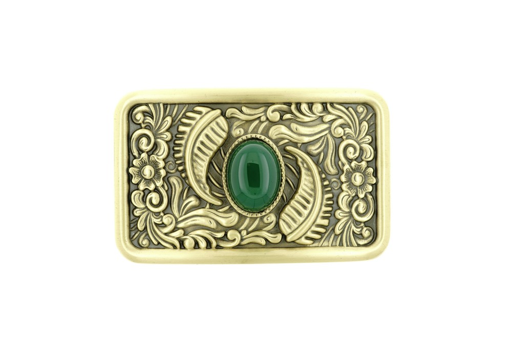 Western Flower Pattern with Green Stone Rectangle Solid Brass Metal Belt Buckle