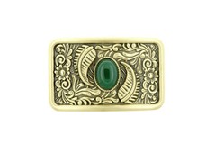 Western Flower Pattern with Green Stone Rectangle Solid Brass Metal Belt Buckle