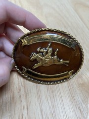 Vtg Western Belt Buckle Bucking Bronco Rodeo Steer Brown Enamel German Silver