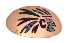 Native American Headdress Belt Buckle Turquoise Coral Inlay Mexico Vintage