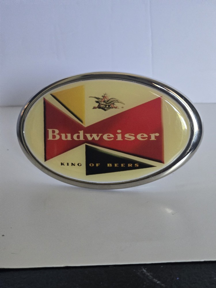 Vintage Budweiser « King of Beers » Oval Belt Buckle – Bowtie Logo Enamel Inlay