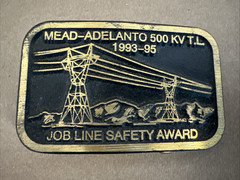 Vtg Solid Brass Belt Buckle Mead-Adelanto 500 KV T.L. Job Line Construction Dyna