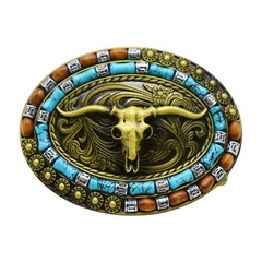 Men Antique Gold Metal Buckle Western Fashion Bull Long Horns Cow Turquoise Blue