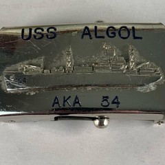 U.S. Navy belt buckle. “U.S.S. Algol AKA-54. Raised ship graphic.