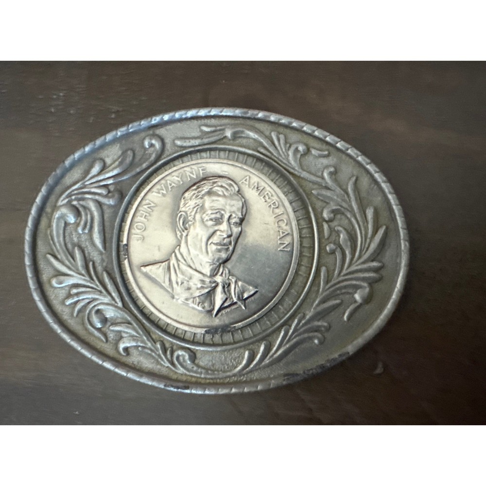 Vintage John Wayne American Belt Buckle Silver Tone Western Oval The Duke 3 Inch