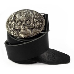 Santa Muerte german silver belt buckle, Skull El Día de Muertos belt buckle
