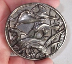 Flying Ducks/Geese Belt Buckle By Wyoming Studio Art Works Pewter Oval Smaller