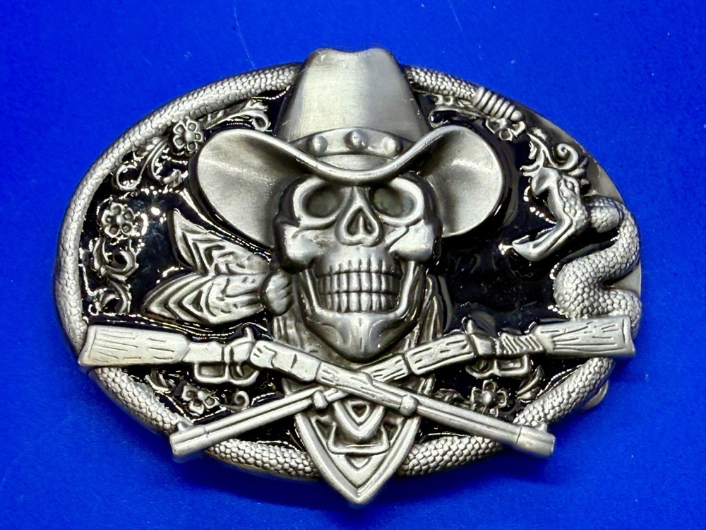Cowboy Skull Bandana with Crossed Rifles Snakes Silver Color Western Belt Buckle