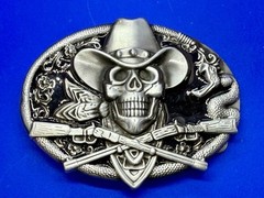 Cowboy Skull Bandana with Crossed Rifles Snakes Silver Color Western Belt Buckle