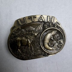 Vintage 80&rsquo;s 1985 UTAH Deer Elk Trout C+J Oval Belt Buckle Pewter Made in USA